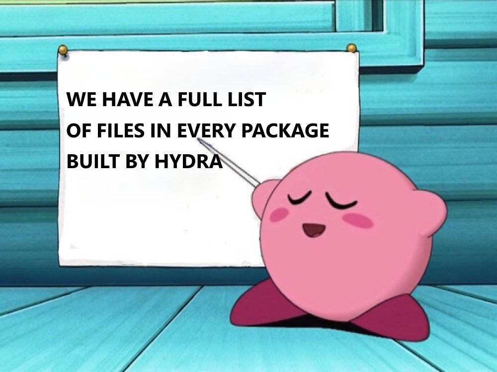 We have a full list of files in every package built by hydra
